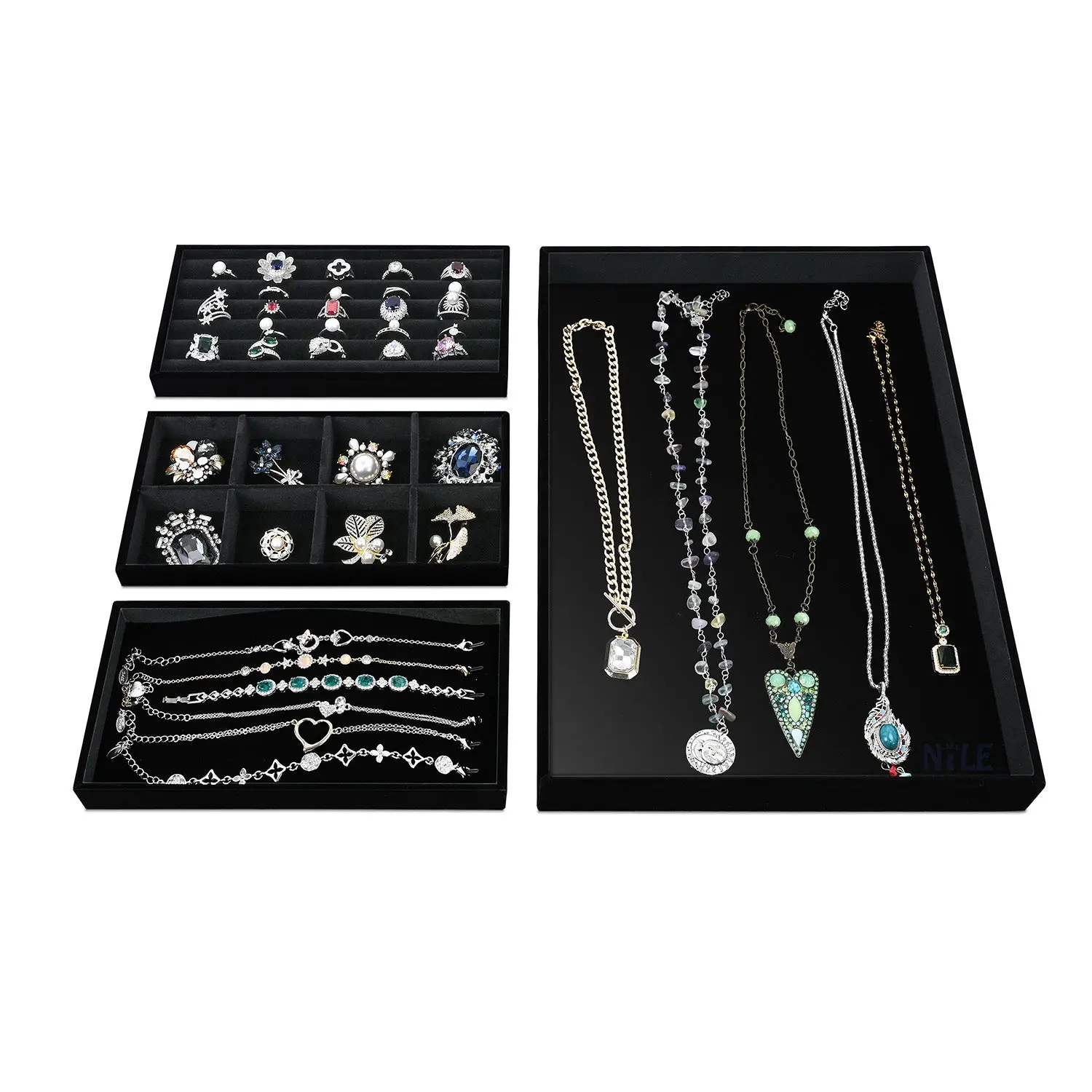 Black Velvet Jewelry Tray. 3 in 1 Combination for Ring, Necklace and More