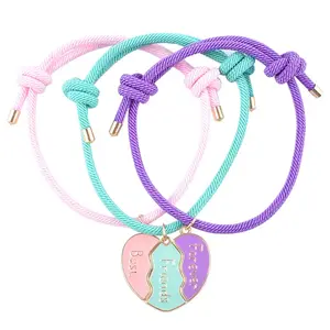 Best Friends Forever Magnetic Heart Bracelet Set – BFF Friendship Bracelets for 3 Girls, Pink Green Purple Heart Charm Adjustable Rope Bracelets, Sister Bestie Jewelry Gift