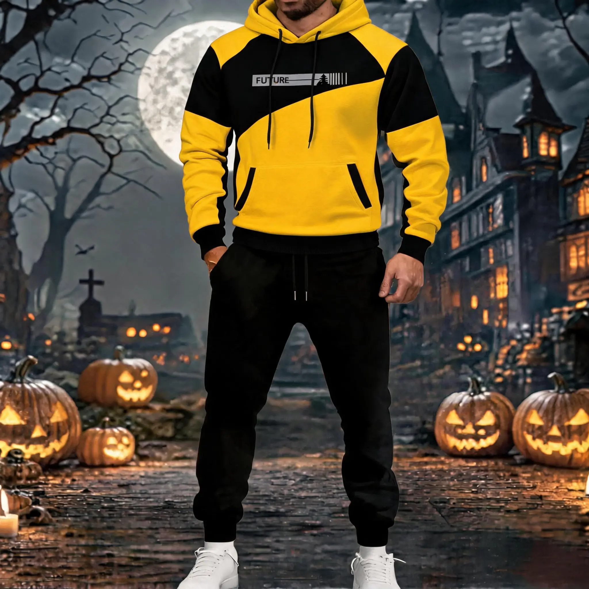 Men 2‑Piece Color Block Tracksuit, Yellow Black FUTURE Graphic Print Hoodie & Jogger Pants Casual Streetwear Matching Outfit For Daily Wear