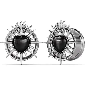 1 Pair Sacred Flame Heart Ear Tunnels - Stainless Steel Gothic Catholic-Inspired Plugs, Baroque Metal Double Flared Gauges for Women Men, Dark Romantic Stretching  2g-1 Inch