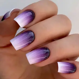Enchanting Purple Ombre Press - On Nails | CurvLife Nail | 24pcs Medium Square Fake Nails | Glossy Finish with Glittery Gradient & Starry Details | Easy to Apply, Comfortable & Long - lasting | Ideal for Parties, Fantasy Events & Night - time Soirees