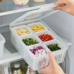 Multi-Grid Refrigerator Storage Box - 4/6 Compartment Food Organizer with Drain Basket