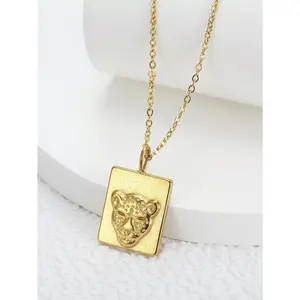 Women's Embossed Leopard Head Square Necklace, Vintage & Edgy Versatile Necklace for Daily Wear