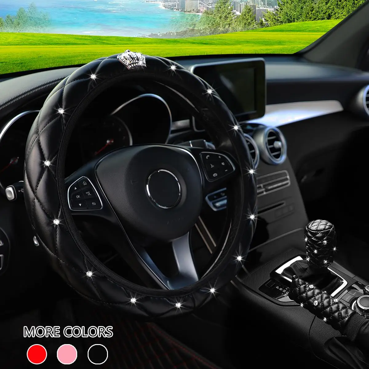 Rhinestone Crown Design Car Interior Decoration Set, Car Steering Wheel Cover & Gear Cover & Handbrake Cover, Car Interior Accessories for Women, Car