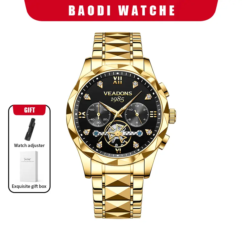 VEADONS  Men's Luxury Gold Watch, Skeleton Dial Diamond Markers, Waterproof Luminous Stainless Steel Business & Fashion Dress Watch for Wedding, Party & Everyday Wear Gift For Him