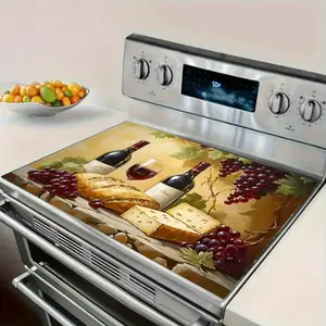 1pc Elegant Wine & Cheese Printed Stove Top Protector - Heat-Resistant Polyester Electric Stove Cover with Wine Glasses, Grapes & Cheese Design, Scratch-Resistant Kitchen Mat for Gas-like Stoves, Easy-Clean Surface, 2D Flat Decoration