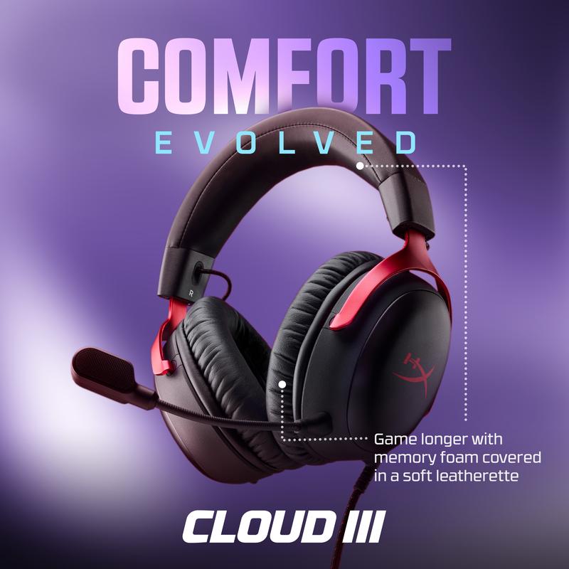 HyperX Cloud III Wired Gaming Headset with Angled 53mm Drivers DTS Spatial Audio & 10mm Mic for PC, PS5, PS4, Xbox Series X|S - Gaming Headphone, Cable, USB Dongle