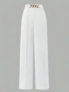 Women's Luxury High Waist Wide Leg Pants, Metal Chain Belted, Fitted Casual Suit Pants, Office Commute Versatile Party Long Pants, Everyday, Office Wear