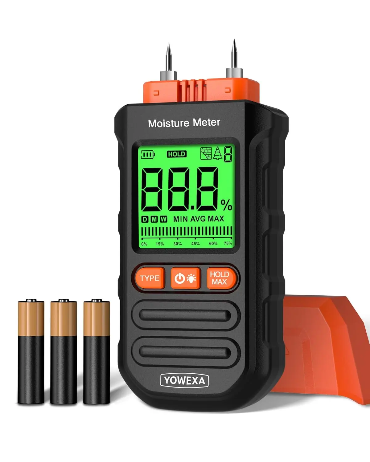 Pin-Type Wood Moisture Meter for Firewood & Lumber | 7 Material Modes, Backlit LCD, Max/Min/Avg & Data Hold for Hardwood, Softwood, Drywall & Selected Building Materials