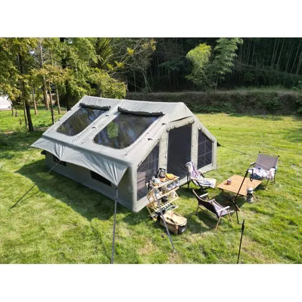 9.8 x13ft Inflatable Camping Tents with Hand Pump, Air Glamping Tents, Easy Setup Waterproof and Windproof Blow up Tent, 4 Seasons Oxford Cabin Tent with Mesh & Chimney Window.