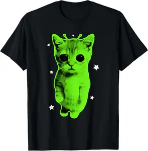 100% cotton Unisex Alien Cat Meme UFO Vintage Graphic Y2K Funny Silly Cat T-Shirt