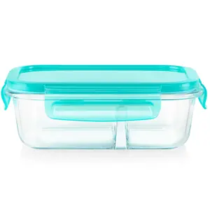 2.3-cup Divided Glass Food Storage Container with Blue Lid