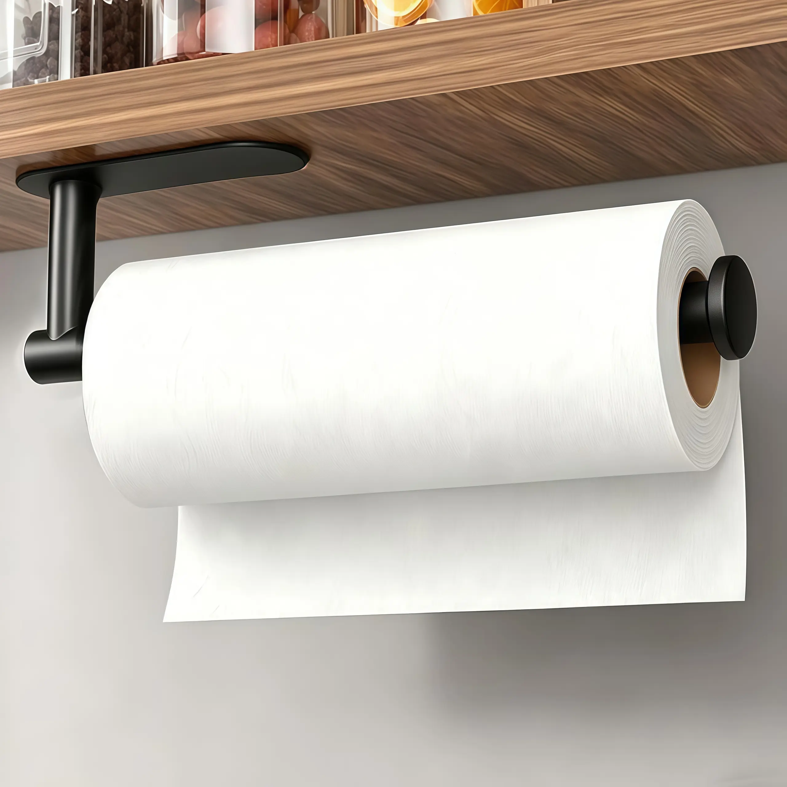 1pcs black kitchen tissue holder, non perforated roll paper holder, cabinet hanging tissue holder, wall mounted kitchen paper holder, black light luxury tissue holder, lazy cloth holder, cabinet hanging roll paper holder, kitchen storage shelf