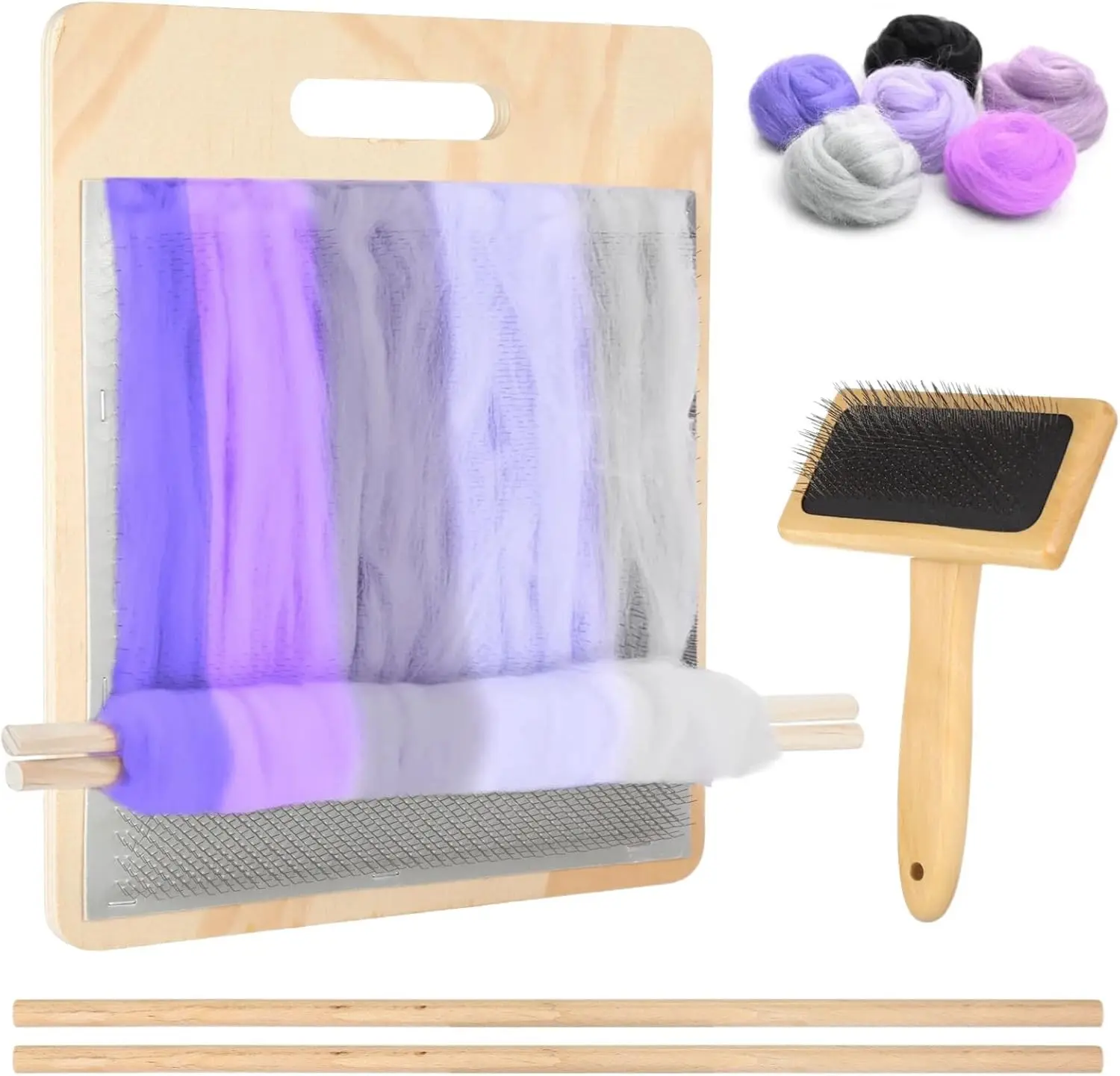 4 PCS Wool Blending Board Set, Wooden Carding Brush, 2 Wooden Sticks, Felted Wool Carder for DIY Projects, Wool Comb for Mixing