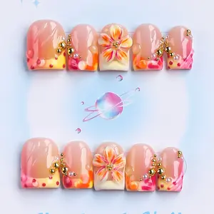 Nailssbysheccid, 10pcs press-on nails, Flower nails, square shape, 100% handmade, simple style, combined with French style, suitable for family dinners, dates, weddings, comes with jelly glue, crystal sticks and twisting rods