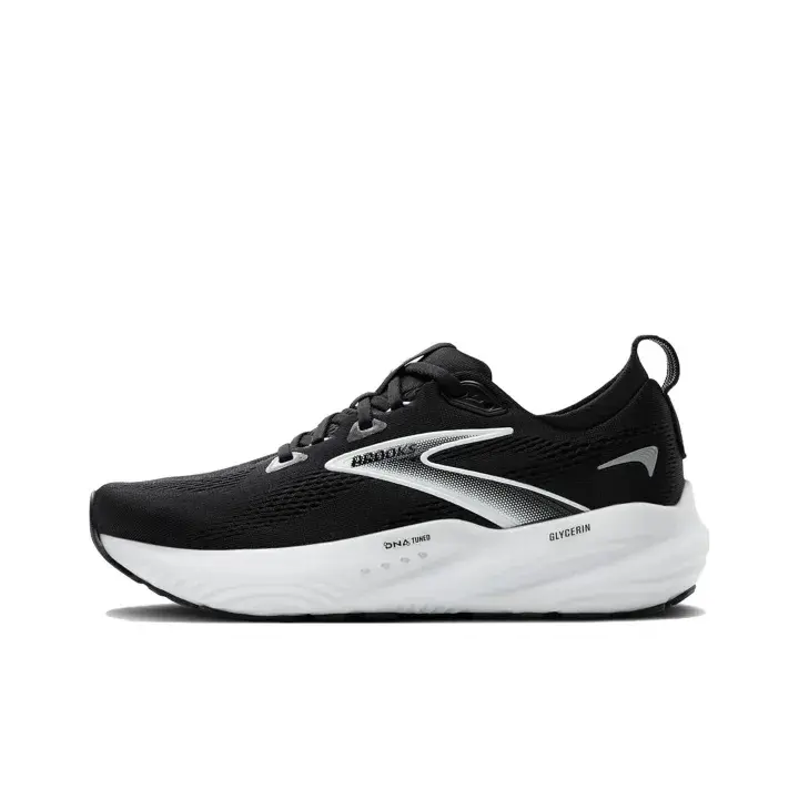 Solid Black White Gradient Trim Cushion Running Sneakers Breathable Vent Knit Mesh Black Flat Laces Wave White Foam Midsole Shock Absorbing Light Athletic Shoes For Road Jogging Gym Marathon Daily City Walk