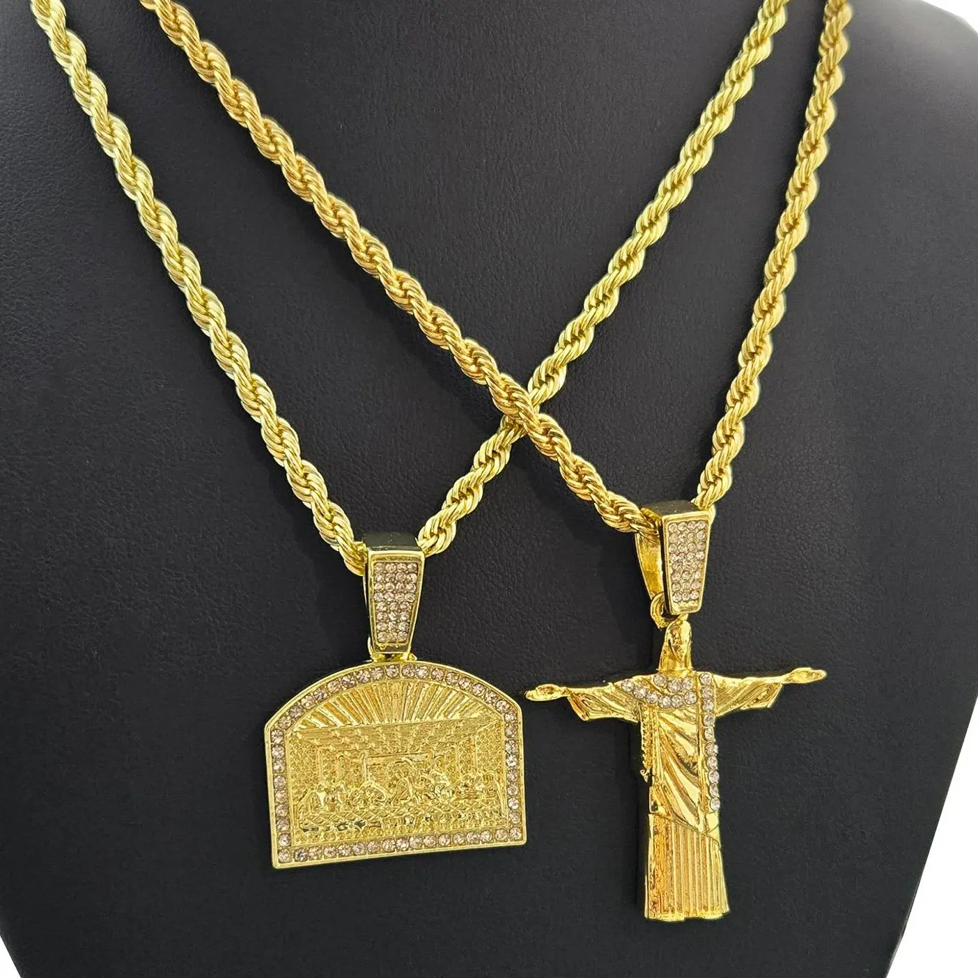 MaxBling81 Iced CZ Cross Pendant Necklace - Gold Jewelry for Women, Christ the Redeemer & Last Supper Designs, High Polish, 4mm 24" Rope Chain, Hip Hop Celebrity Style, Metal Coated, Unisex Daily Wear Costume Jewelry