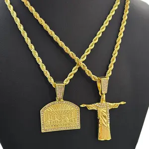 Christ the Redeemer & Last Supper Iced Cubic Zirconia Pendant & 4mm 24" Rope Chain Necklace Jewelry for Men, Women, Unisex