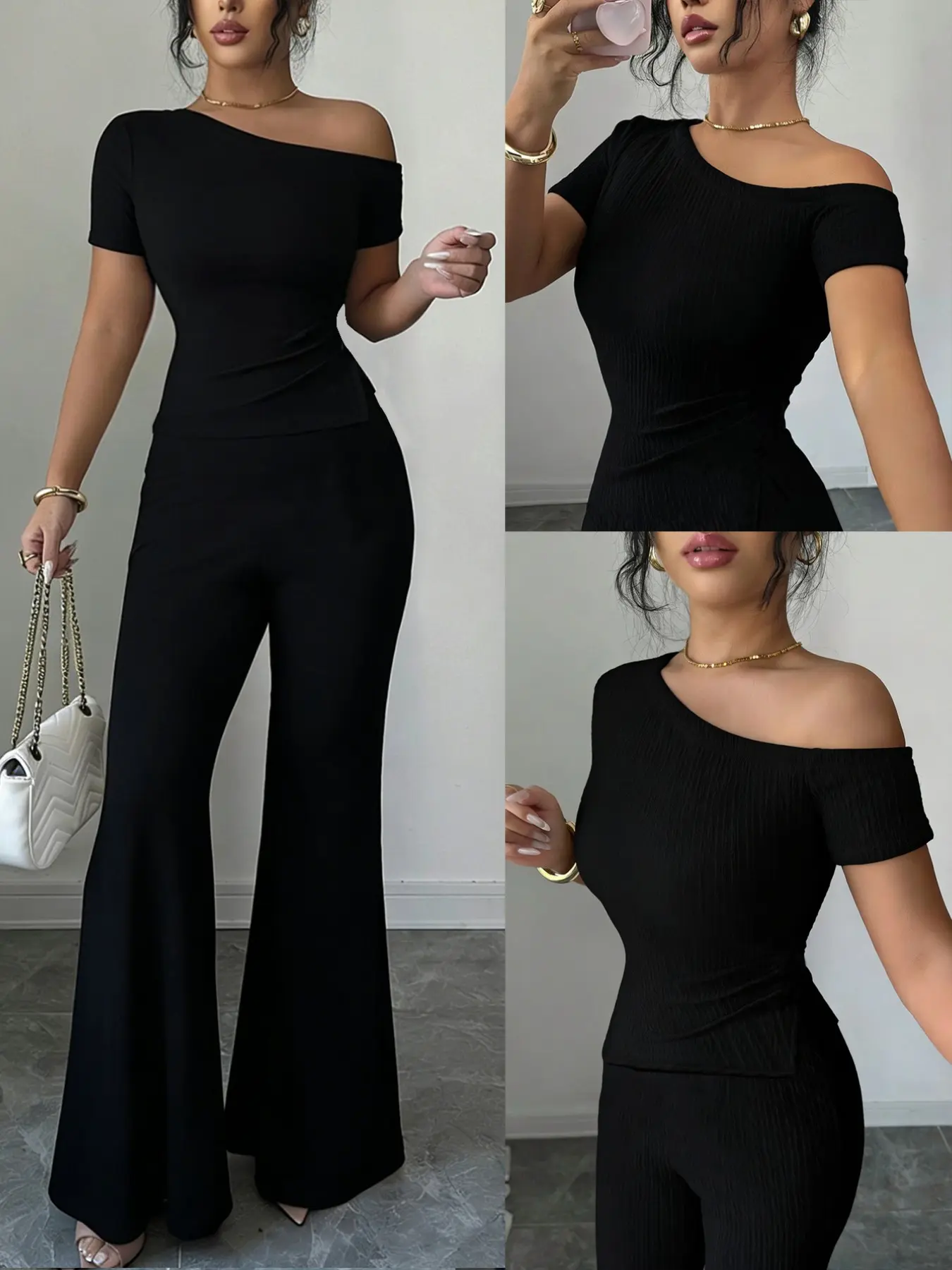 Women's Two-Piece Set Fit Style, Minimalist, Casual Spring Summer Plain Short Slanted Shoulder Pleated Textured Split Top, Elegant Asymmetrical Design, Clothes