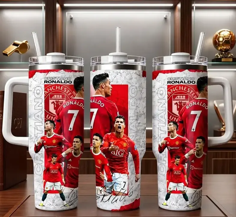 Stainless Steel Vacuum Insulated Tumbler - 20oz/40oz(1183ml), No.7 Soccer Legend Inspired Print, Handle, Car Cup Holder Fit, Single Coffee Mug, Gift Ideas for Soccer Fans