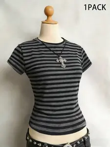 Y2K Retro Vintage Striped Short-Sleeve T-Shirt – Slim-fit black and gray cropped top Womenswear. Perfect for punk, alternative, and gothic outfits. A trendy TikTok essential basic, made with soft and stretchy fabric, a must-have for the Y2K revival.