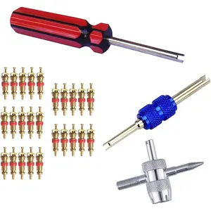 3 Pcs Tire Valve Core Remover Tools with 25 Pcs Brass Valve Stem Cores, 4-Way Valve Stem Core Tool, Dual & Single Head Tire Valve Core Remover Installer Tools