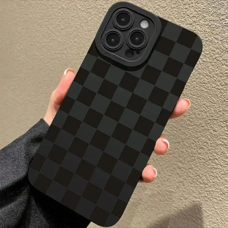 Checkerboard Pattern Protective Smartphone Case & Screen Protector Set - Multi-Model TPU Black Durable Full-Body Anti-Drop Shockproof Transparent Cover, Easy Install, Compatible with iPhone 11–16 Pro Max