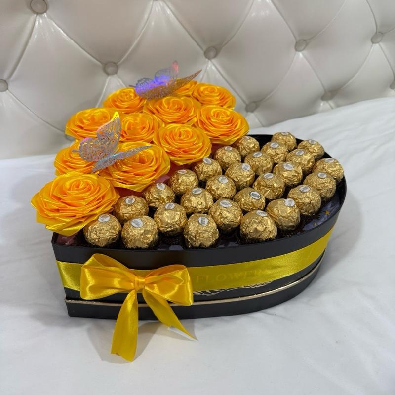 Luxury Heart Box with Ferrero - Yellow Roses, Gold Ferrero Chocolates, Butterfly Accents, Elegant Floral Design