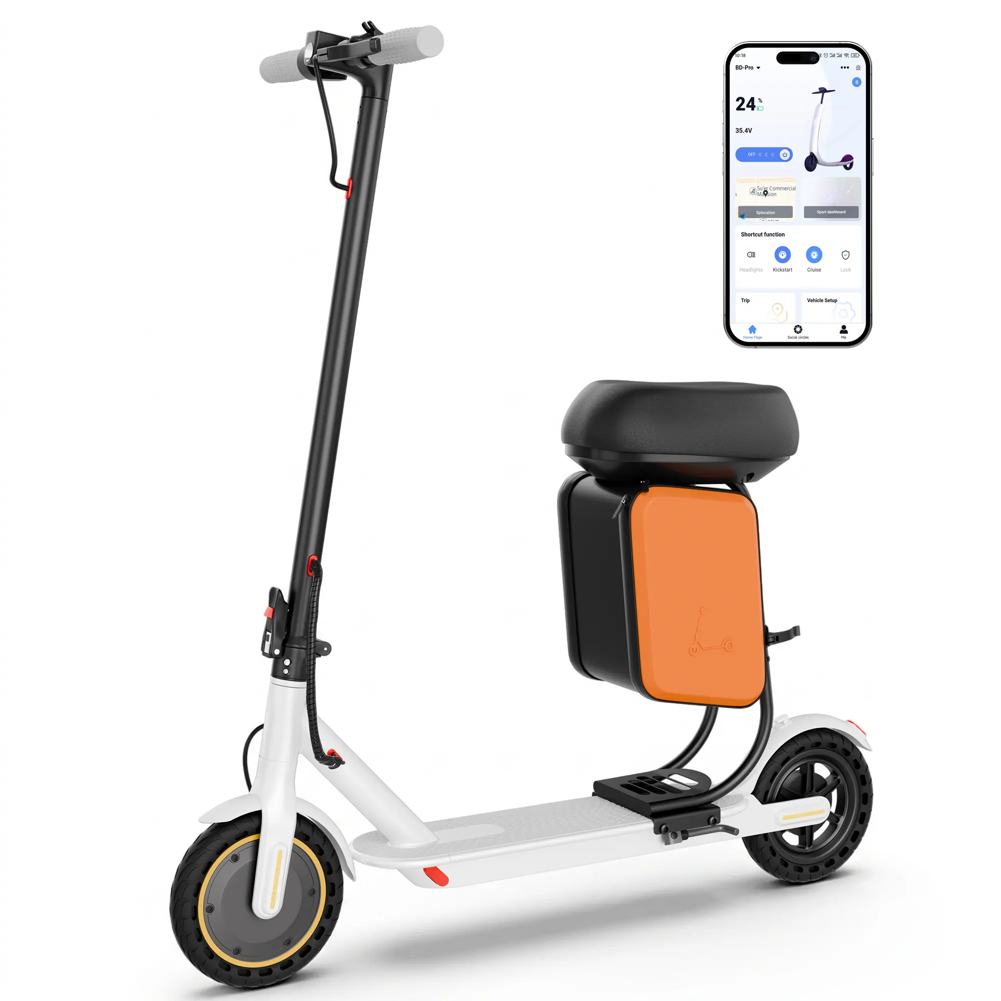 Adults' Foldable Commuter Electric Scooter - 350W/500W Motor, 22-mi Range, 8.5"/10" Solid Tires, Multifunctional, Detachable Seat-Storage Box, Dual Braking System, Headlight, App Control, LCD Display, 265 lbs Max Load brake, Unisex, Urban Scoot, Load Capa