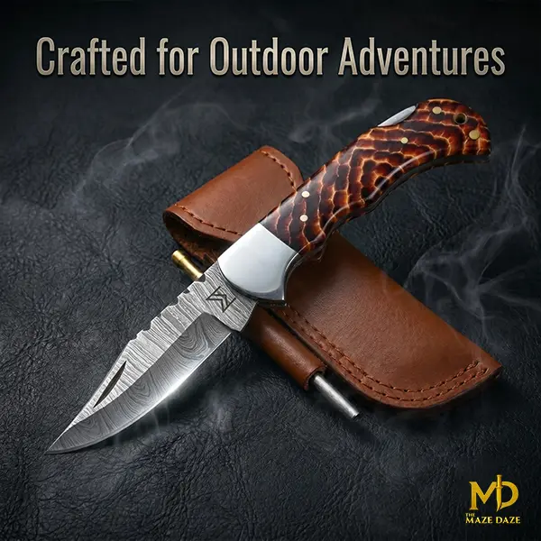 MazeDaze Multipurpose Foldable Precision Camping Tool - Multi Use Knives, Textured Grip Ergo Handle, Sharpener, Stainless Steel Resists Rust, Leather Safe Cover for Adult Carving Survival Gear