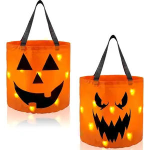 2 PCS Halloween Trick or Treat Bags 10 x 11.8 inches LED Light Orange Pumpkin Buckets Reusable Goody Candy Bucket for Kids Trick or Treating, Halloween Birthday Party Favor Supplies