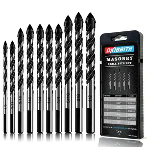 10-Piece Masonry Drill Bit Set for Concrete Tile Glass Ceramic Brick, 1/8 to 1/2 Inch Drilling Bits with Triangle Handle, Tungsten Steel Alloy Tip (Black)