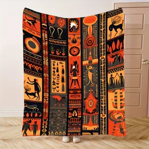 1pc Cozy African Dream Totem Flannel Blanket - Vibrant Orange, Black & Yellow Mixed Patterns, Soft & Warm, Perfect for Napping, Camping, Travel & Home Decor, Ideal Gift for Friends &