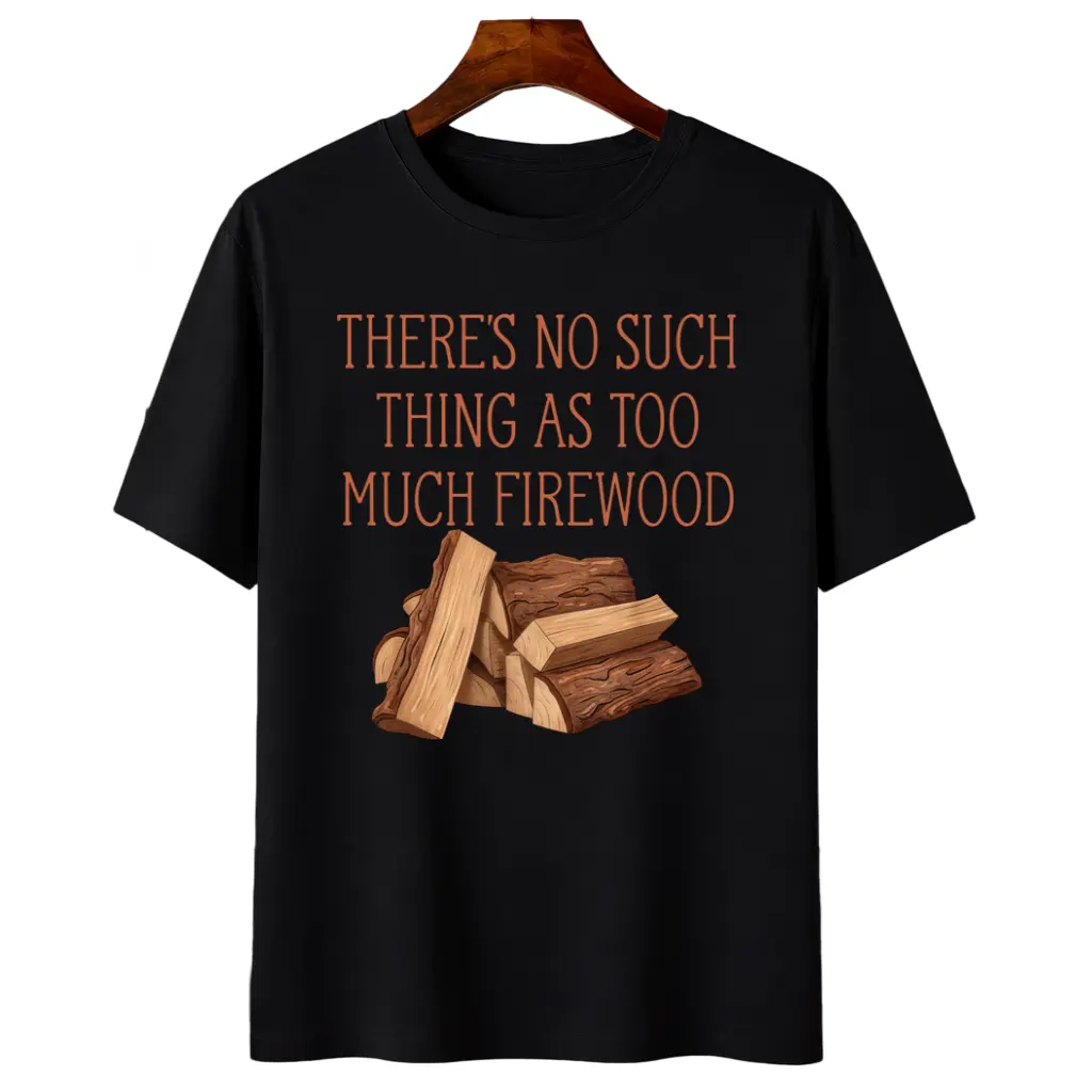 Men's Funny Woodworker T-Shirt - "There's No Such Thing As Too Much Firewood" Logging Chainsaw Lumberjack Gift, Casual Short Sleeve Tee with Wood Grain & Firewood Stacks Graphic, Comfortable Casual Attire