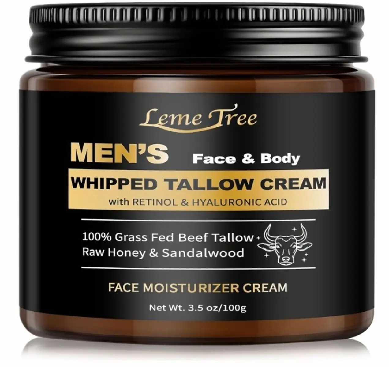 Men's Beef Tallow for Skin, Whipped Grass-Fed Beef Tallow Face Cream, Tallow Balm with Anti-Aging Retinol & Hyaluronic Acid, Mens Skin Care Face Moisturizer, Reduces Wrinkles Lines, Sandalwood, 3.5 OZ