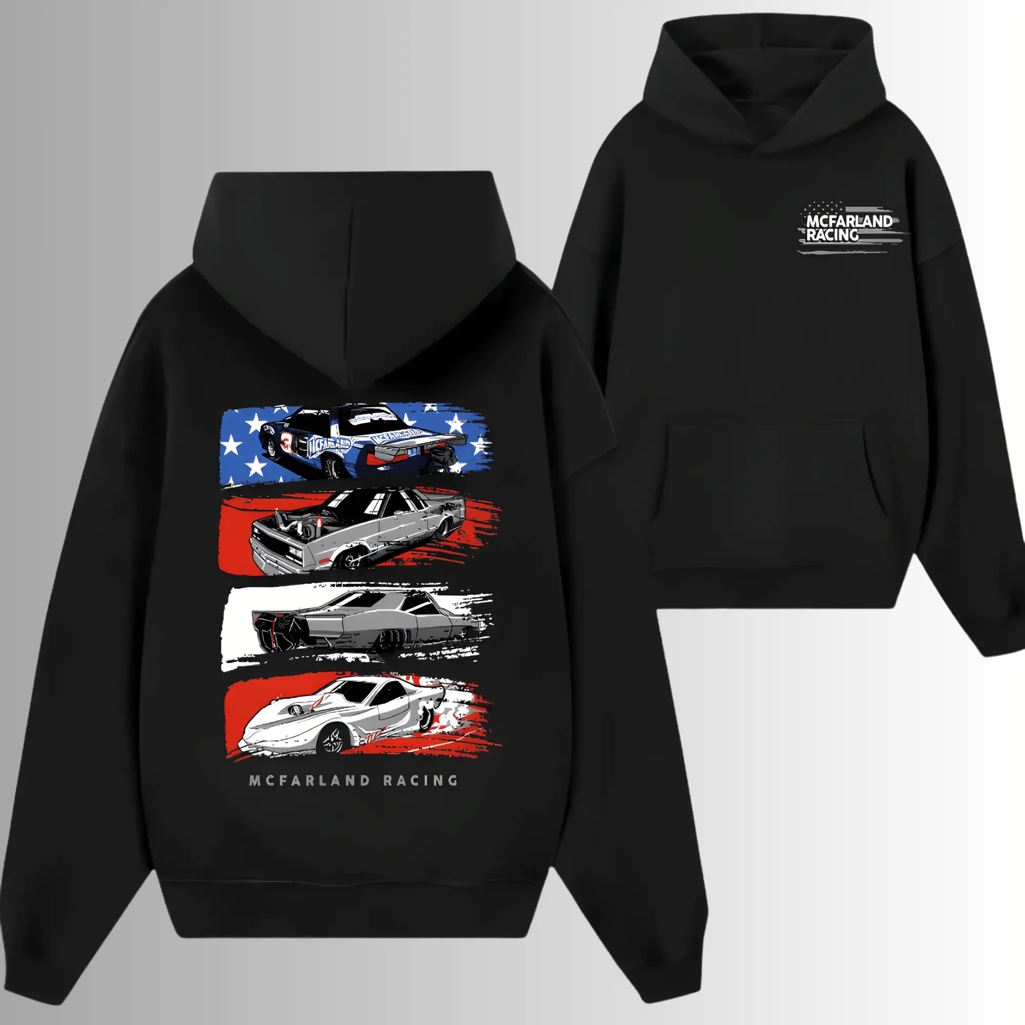 Patriotic American Flag Racing Drag Cars Hoodie, 2 Sides, Mullet Style El Camino Corvette Drag Racing Hooded Sweatshirt