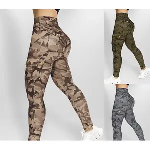 Women's Army Green Camouflage Print High Waist Work Clothes Patch Pocket Tight Yoga Leggings Gym Outfits Stretch Fabric Activewear Stretchable Activewear