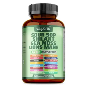 Soursop Dietary Supplement, rich in antioxidants, 120 capsules per bottle, with added shiitake mushroom, seaweed, and lion's mane mushroom, 24 in 1, supports skin, joint, and bone health.