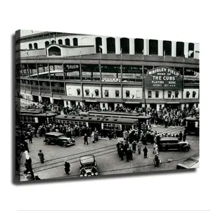 Wrigley Field Historic Baseball Stadium for The Chicago Cubs Poster Painting Canvas Wall Art Living Room Bedroom Decor Modern Oil Painting Decoration (16x24inch,Framed)