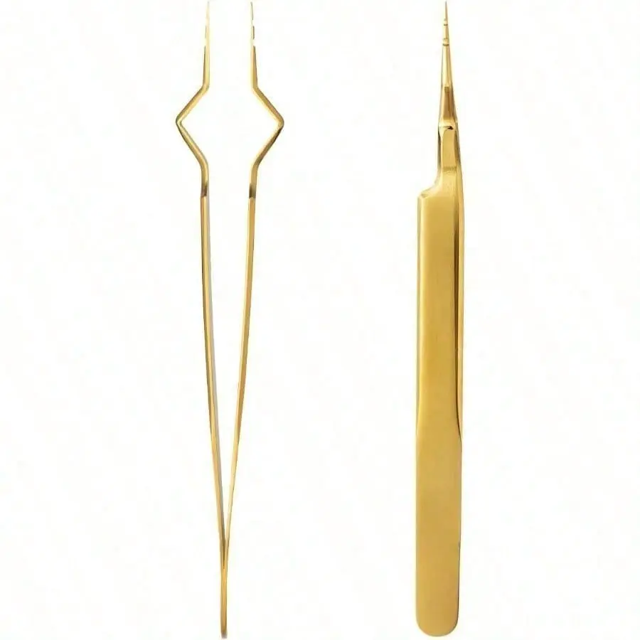 Gold Isolation Tweezers for Eyelash Extensions, V-Groove Design, Precision Tips, Easy-to-Use Application Tools for Lash Artists