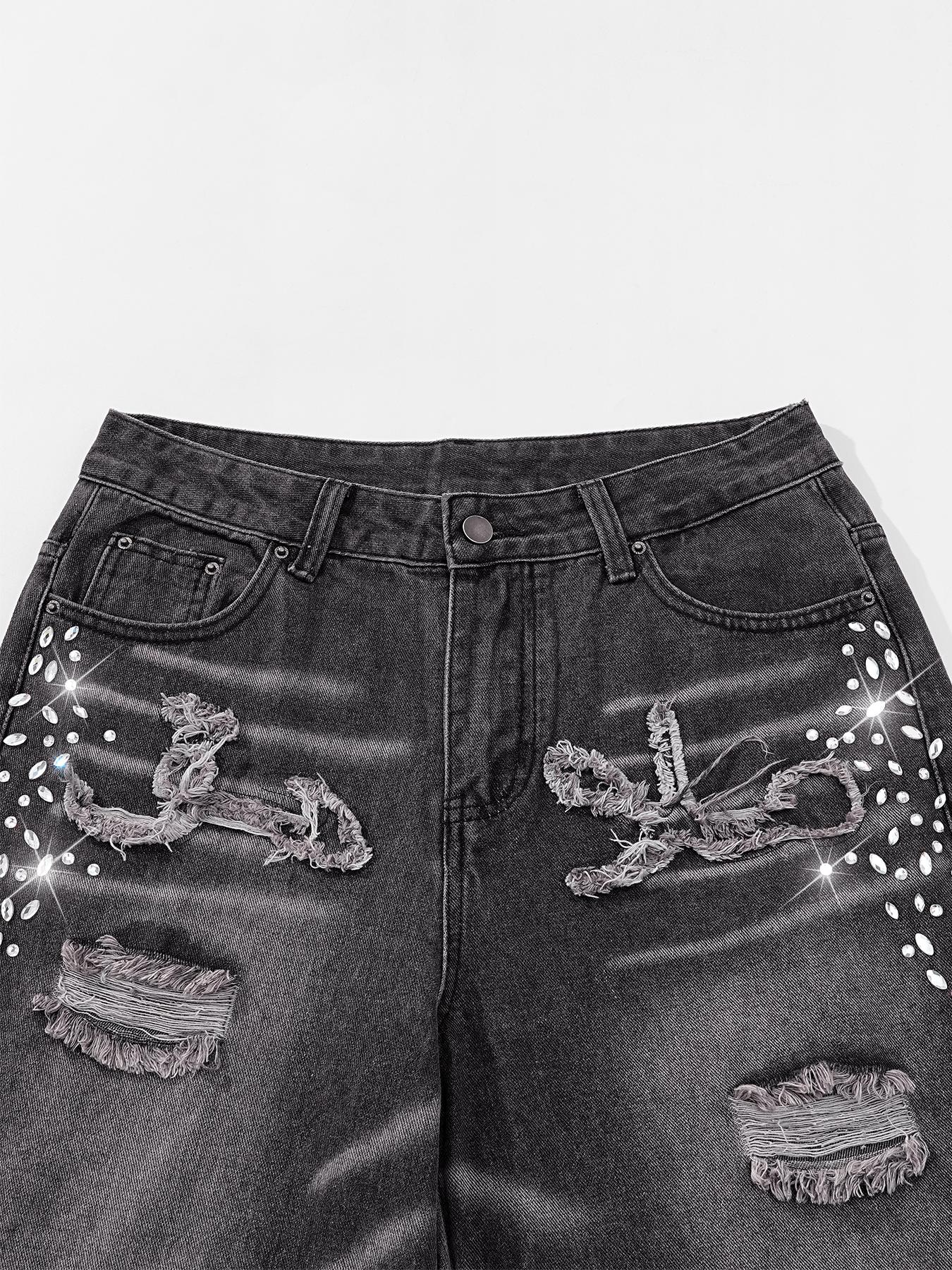 mens jorts，Rhinestone-Embellished Denim Shorts, Low-Rise Frayed Denim Shorts, Loose-Fit Jeans, Distressed Slim-Fit Straight-Leg Jeans