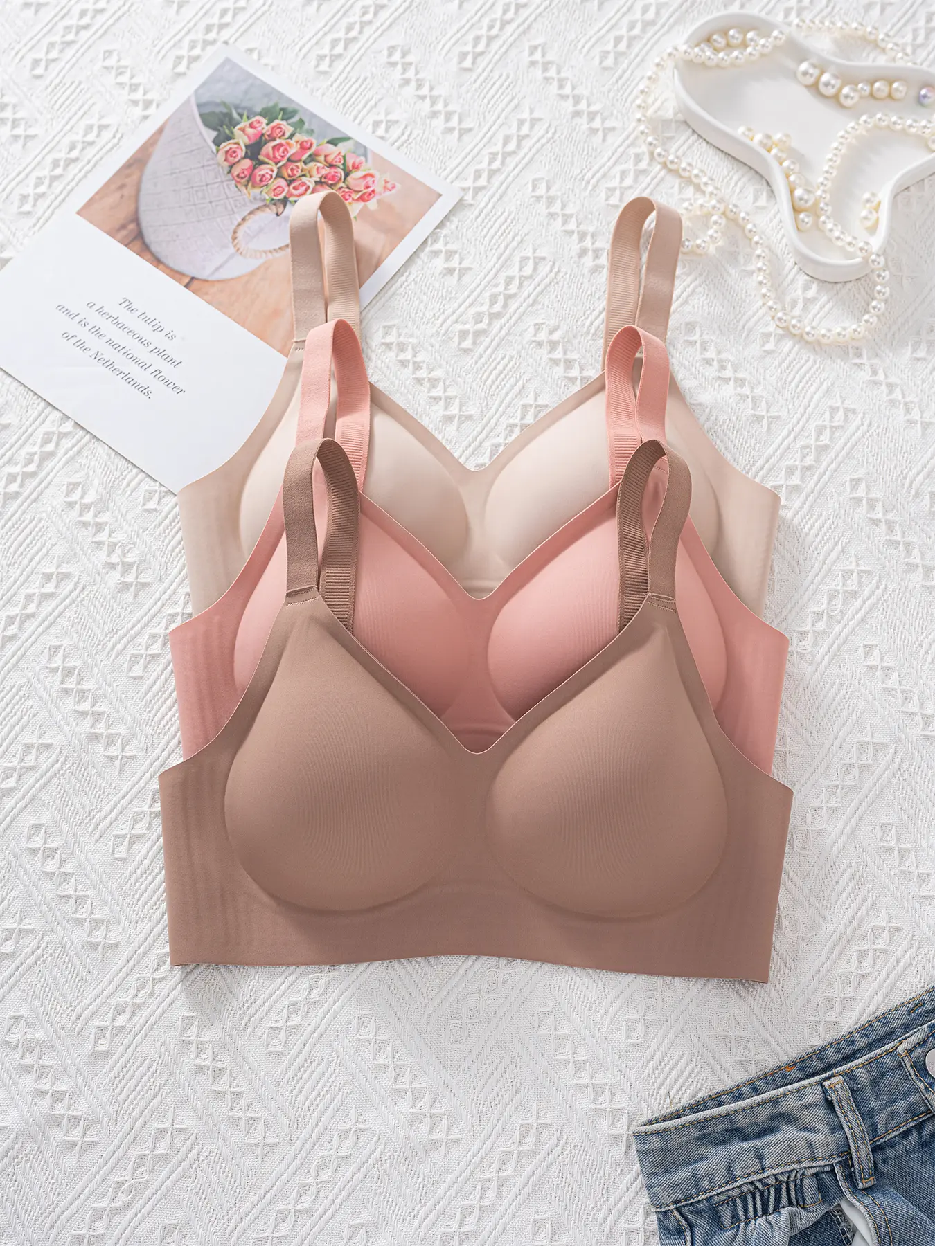 Women's Solid Color Jelly Bra Set, Detachable Pads Comfortable Lift No-Trace Medium Support Quality Bras, Seamless Padded Bra 3 Pack Casual Fitted
