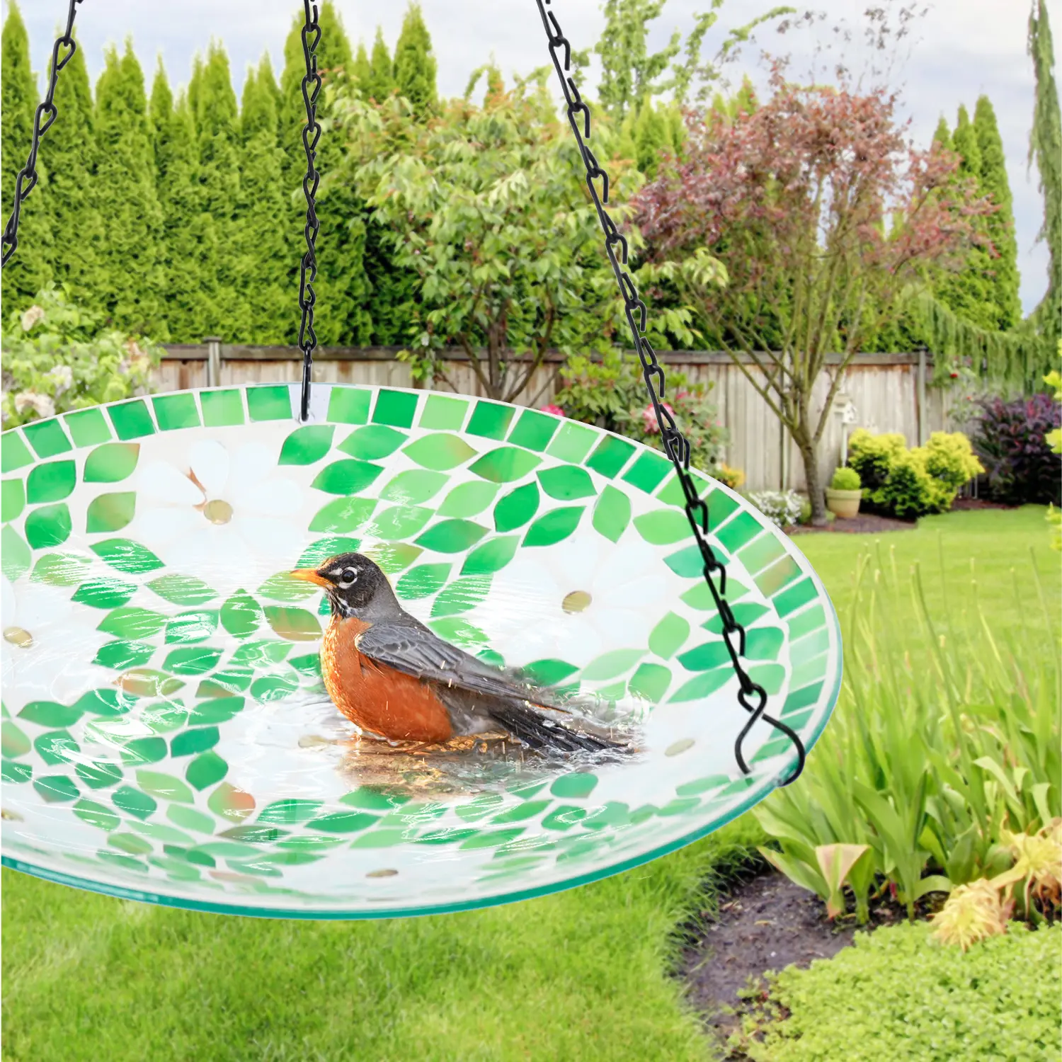 Hanging Bird Bath, Glass Mosaic Bird Baths for Outdoors Birdfeeder with 21 inch Rust-Proof Chain for Garden Yard Decor, Glass Mosaic Finish