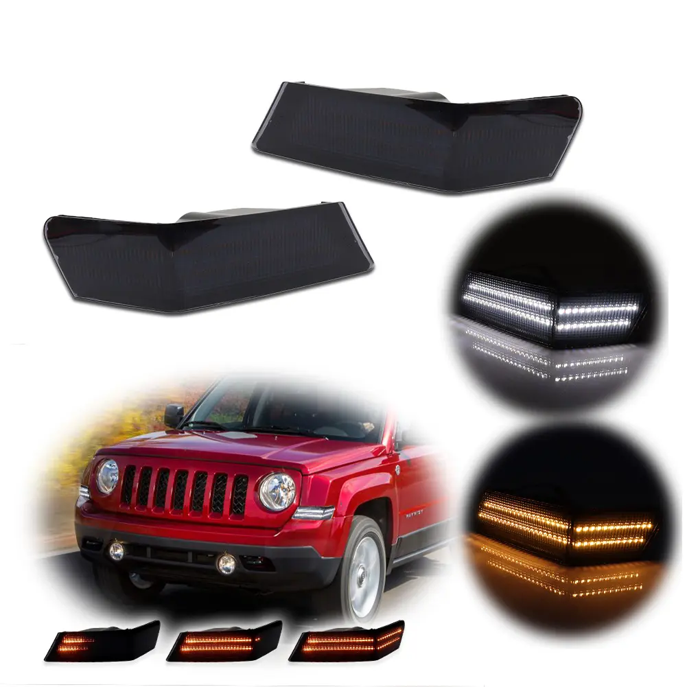 2pcs Car Accessories Front Smoke Switchback LED Turn-Park Lights, ABS, Can-Bus Error-Free Dynamic Amber & White, 4W Low Draw, 12-24V DC, for 2007-2017 Jeep Patriot, Replaces OEM 68004180AC, 68004181AC