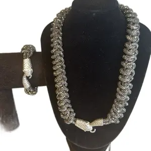 Metallic Snake Knot Necklace & Bracelet Set Handwoven Macrame Design With Rhinestone Rope for Stylish Accessory