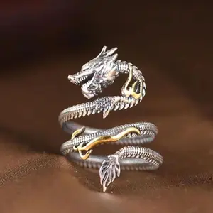 Adjustable Dragon Ring Retro Hip Hop Rock Fashion Design Edge Vintage Antique Silver Gold Color Raw Metal Open Cuff Punk Ring