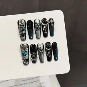 10pcs Handmade Pressed Long Coffin Nails, Beautiful False Nails, Gothic Snake Moon Design, Suitable for Daily, Festival, Party Wear