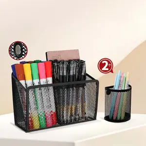 Magnetic Wire Mesh Pen Holder Key Storage Organizer Box, Strong Magnet Fits Whiteboard Fridge Various Scenarios, 2 Compartment