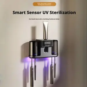 2-in-1 UV Toothbrush Sanitizer and Automatic Toothpaste Dispenser Touchless Ir Sensor 2 Adjustable Paste Doses Wall Mount Smart Mounted Holder USB Rechargeable