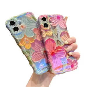Flower Case for iPhone 17 16 15 14 13 12 Soft TPU Retro Oil Painting Girly Phone Cover with Sparkly Floral Design Orange White Magnetic Ultra-Thin Protective Case for Women and Girls